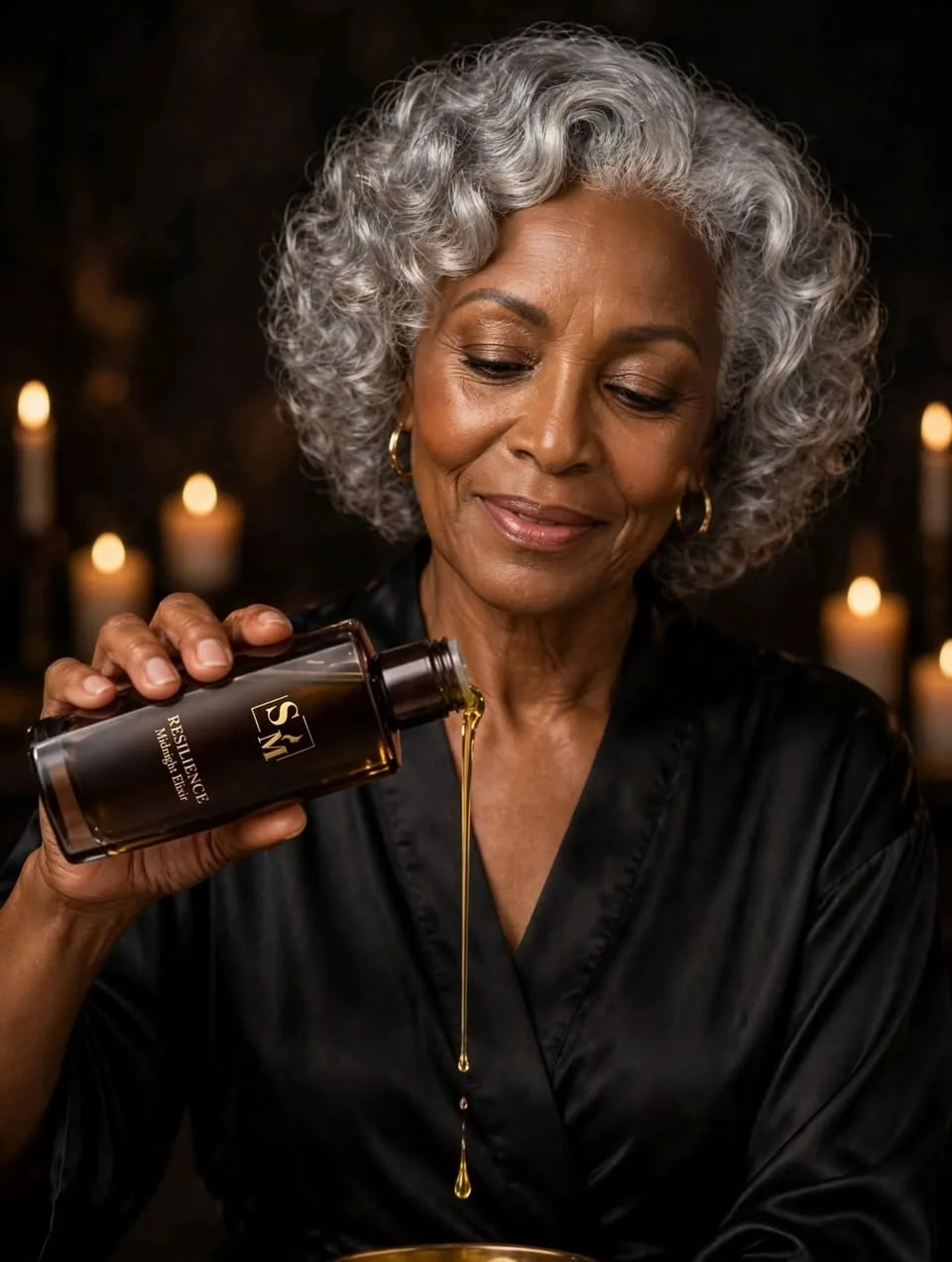 Woman pouring SkinMed Resilience Midnight Elixir by candlelight
