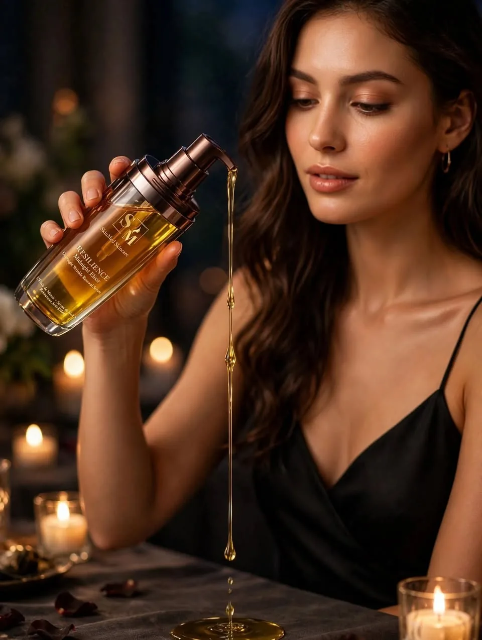 Golden SkinMed serum poured in candlelight